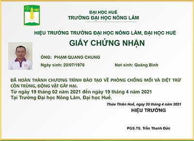 Chứng chỉ diệt trừ côn trùng, sinh vật hại của Đại Học Nông Lâm Huế