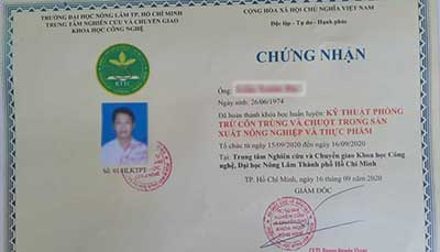 Bằng tốt nghiệp khoá học phòng trừ côn trùng, chuột, muỗi, ruồi - Đại Học Nông Lâm TP Hồ Chí Minh